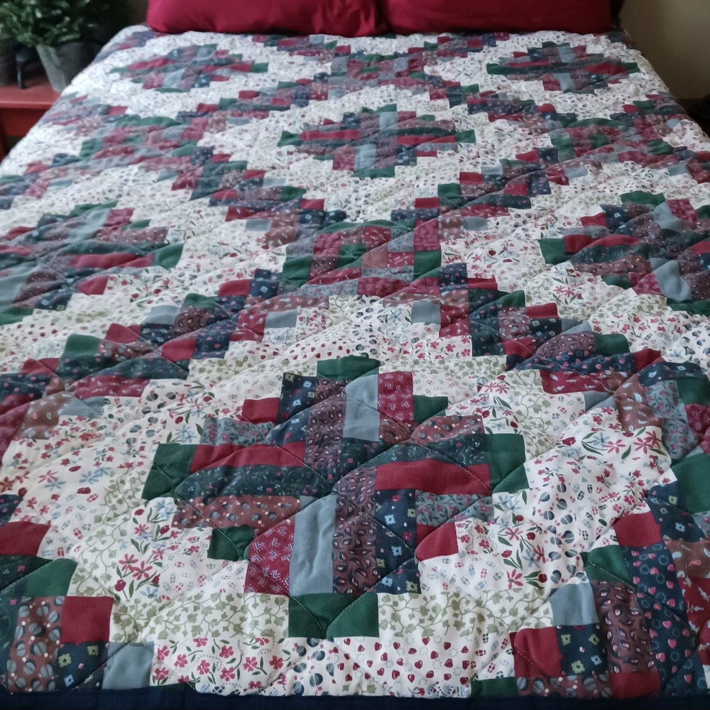 Log Cabin Patchwork Quilt Blue and Burgundy 83" X 83". Great For boy's room.